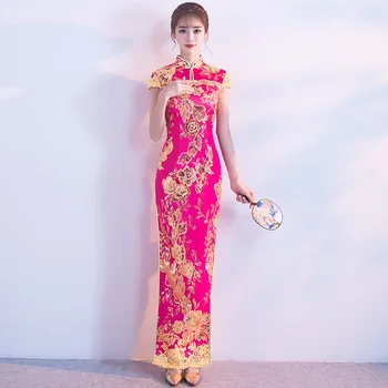 Sıcak Pembe Nakış Çiçek Gelin Düğün Parti Bayan çin elbisesi Zarif Bling Sequins Cheongsam Etek Düz Elbise Qipao