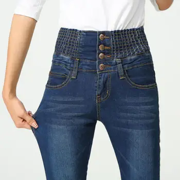 Sıra Düğmesi Kot Bayan Yüksek Bel Elastik Skinny Denim Uzun kalem pantolon Kadın Kot Camisa Feminina Bayan Şişman Pantolon
