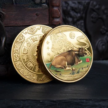 Sığır Boyalı Altın Kaplama Madalya Dekoratif Koleksiyon Hediye 2021 Oniki Zodyak Öküz Yeni Yıl hatıra paraları