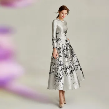 Terzi Dükkanı Custom Made Zarif Jakarlı Gümüş Ziyafet Bayan Anne Düğün İçin Gelin Elbiseler Artı Boyutu Elbise