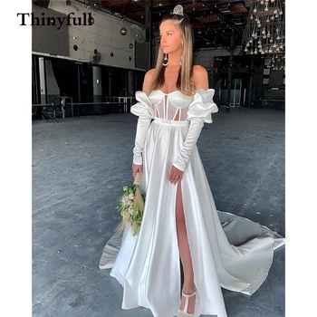 Thinyfull Seksi Kraliyet Yumuşak Uzun Yüksek Yan Yarık düğün elbisesi Uzun Kollu Straplez Sevgiliye Sweep Tren gelin elbiseleri Önlük