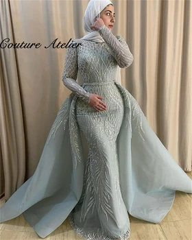 Türkiye Müslüman abiye ışıltılı Uzun Kollu Tren Düğün Elbise İle Dubai Resmi Elbiseler elbise de soree Denizkızı Boncuklu 