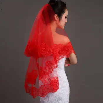 Ucuz Gelin Düğün Veils 1.5 m Tek katmanlı Kırmızı Dantel Egde Resmi Kısa Peçe Veu De Noiva Evlilik Aksesuar C