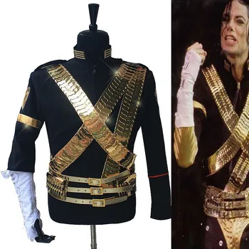 Unisex Michael Jackson Siyah Bullet Ceket Kaban Kostüm MJ REÇEL Altın Kayış Kemer Suit Cadılar Bayramı Cosplay Custom Made