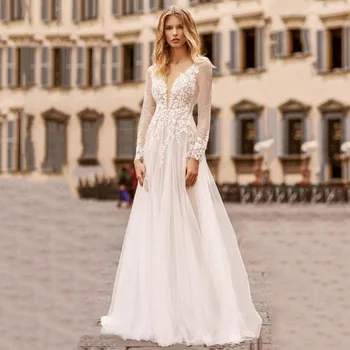 Uzun Kollu düğün elbisesi Dantel Aplikler Tül Backless Gelin Elbise Prenses Düğün Zarif Kadınlar İçin Robe De Mariee Yaz