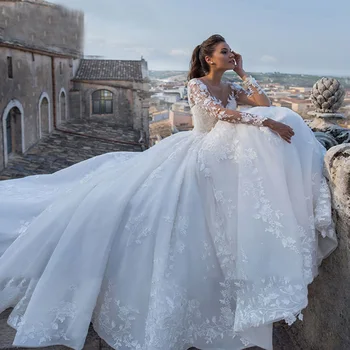 Vestidos De Novia Uzun Kollu Balo Gelinlik İnciler Aplikler Moda Elbiseler De Mariage Backless Hochzeitskleid