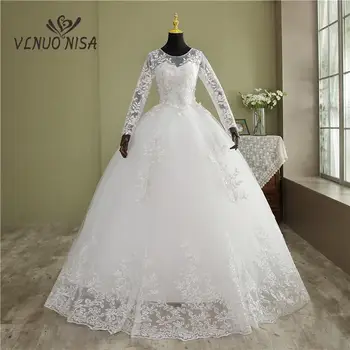 VLNUO NİSA Gerçek Video Yeni Kore Artı Boyutu düğün elbisesi Tam Kollu Uzun Dantel Aplikler Noiva Elbise O-Boyun Ucuz toptan Çin