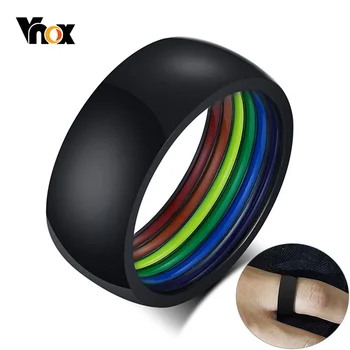 Vnox 8MM Minimalist Tarzı Paslanmaz Çelik LGBT Pride Yüzükler Kadınlar Erkekler için Gökkuşağı Çizgili İç Kubbe Şekli