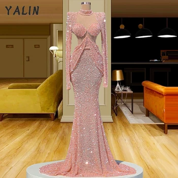 YALİN Yüksek Boyun Uzun Kollu Pembe Mermaid Abiye 2022 Elegance Boncuklu Örgün Parti Elbise Kadınlar İçin Robe De Soiree