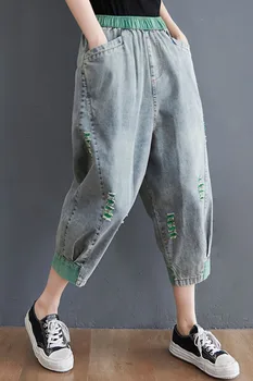 Yaz Yeni Moda Kot Kadın Yüksek Bel Delik Rahat harem pantolon Cepler Büyük Boy Ince Nakış Yumuşak Retro Kırpılmış Pantolon