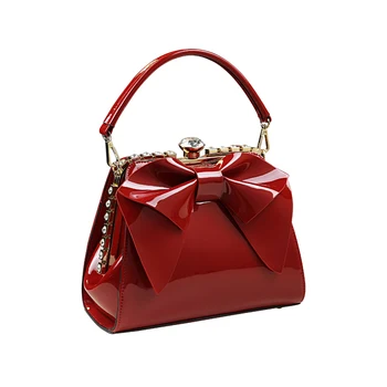 Yeni varış tasarımcı çantaları kadın küçük patent deri askılı çanta bayanlar akşam debriyaj yay omuz çantaları kırmızı düğün tote