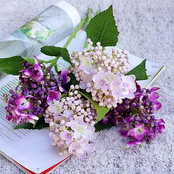 YENİ Ortanca çiçek kısa şube tomurcuk meyve ve sahte yapraklar ipek yapay çiçekler ev düğün süslemeleri için flores