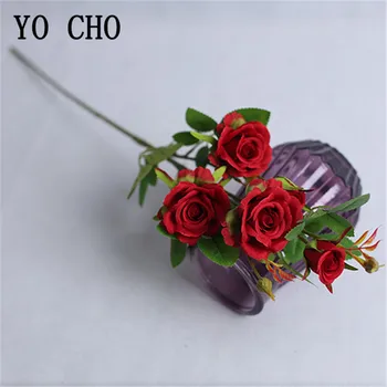 YO CHO 4 Dalları Uzun Kök yapay çiçekler İpek Güller Şube Beyaz Pembe Düğün Ev masa süsü Sahte Küçük Gül Çiçekler