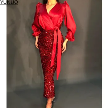 YUNUO Zarif V Yaka Akşam Elbise Kırmızı Uzun Kollu Kadın Payetli Örgün Parti Törenlerinde elbiseler de soirée Ayak Bileği Uzunluğu balo kıyafetleri