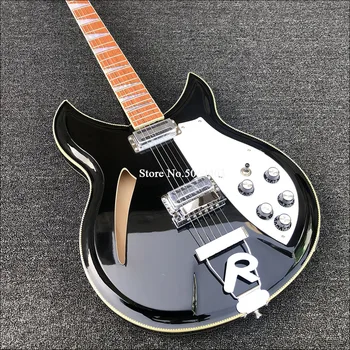 Yüksek kaliteli 6 telli Rickon 381 elektro gitar, çift davul siyah boyalı yarım içi boş gitar, R köprüsü, posta ücreti.