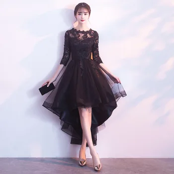 Ziyafet balo kıyafetleri 2019 Yeni Kısa Ön Uzun Geri Zarif Parti Elbiseler Siyah Abiye Yarım Kollu Haute Couture