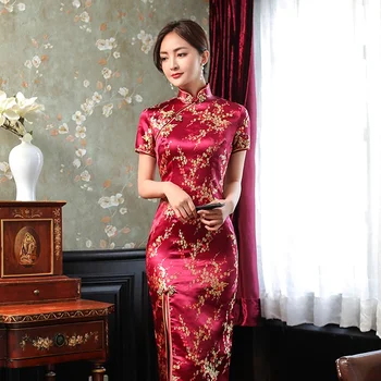 Şarap Kırmızı Ince Çin Geleneksel Cheongsam Kısa Kollu Ön Bölünmüş Vintage Elbise Kadınlar uzun elbise Erik Qipao